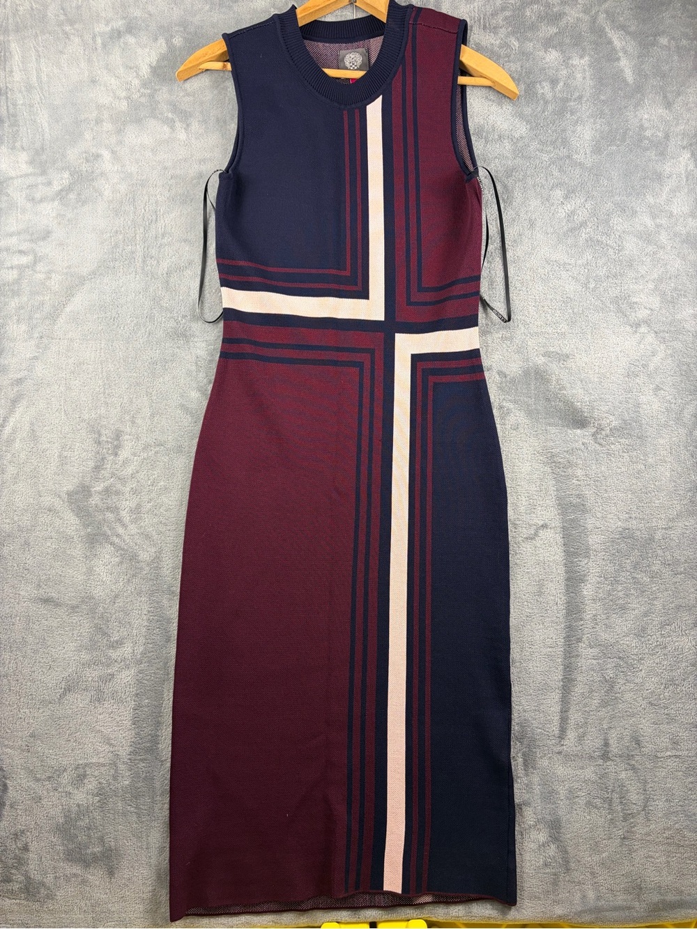 Vince Camuto Navy and Burgundy jaquard Sheath Dress with Graphic Stripe